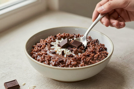 Creamy chocolate rice pudding in a small ceramic bowl with a spoon, garnished as in the recipe