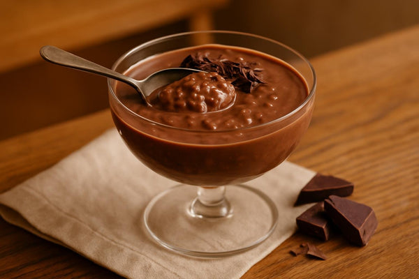 Chocolate Rice Pudding served on an oak table