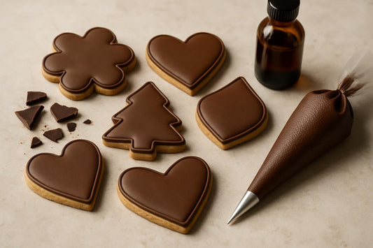 Sugar cookies decorated with chocolate royal icing