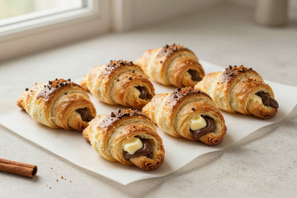 Crescent-shaped chocolate rugelach on parchment, the filling spiraled inside