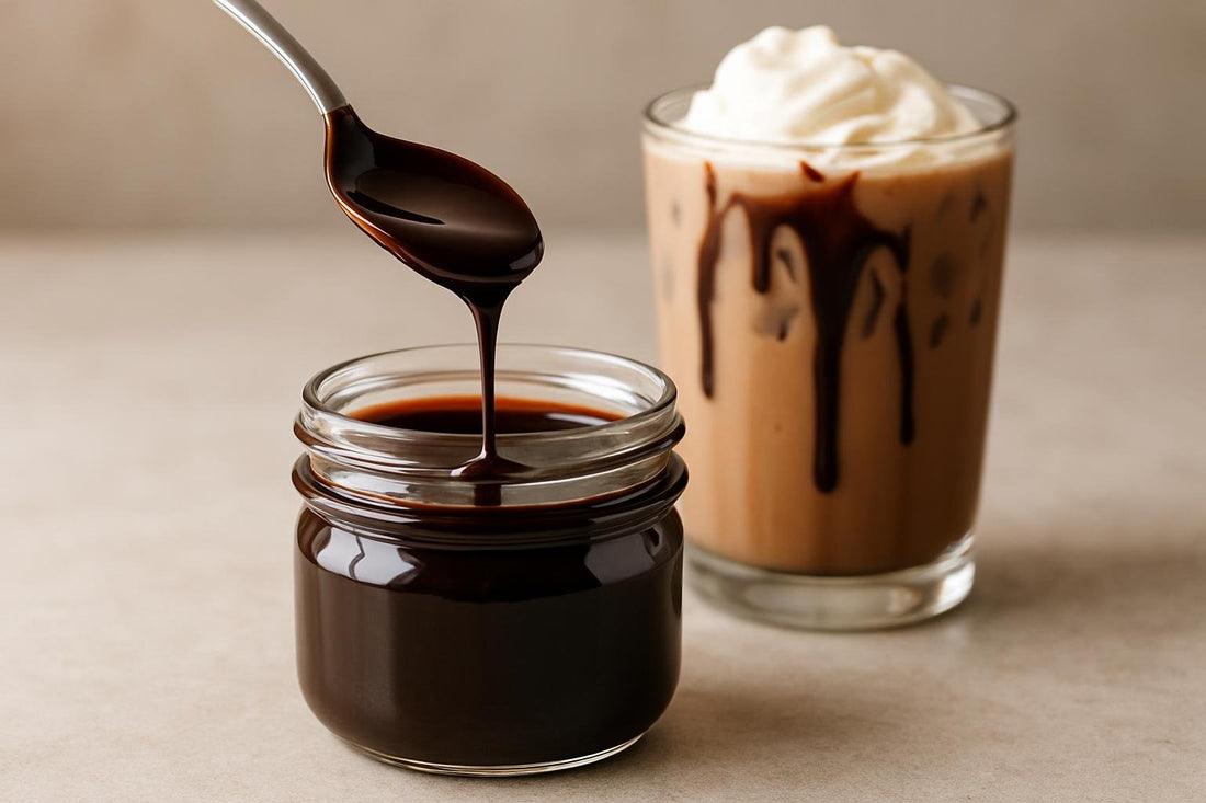 A small glass jar of glossy dark chocolate sauce with a spoon lifting a ribbon of it, beside an iced mocha with chocolate dri