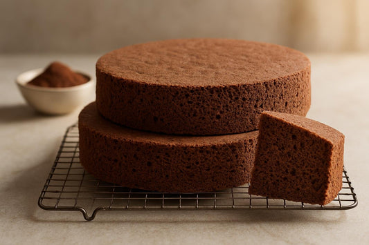 Two bare, level rounds of chocolate sponge cake layers stacked on a cooling rack with one slice cut to show the crumb