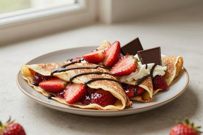 Folded chocolate strawberry crêpes on a plate, the filling and toppings from the recipe clearly visible