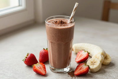 A tall glass of thick, creamy chocolate strawberry protein shake with a straw, a few of its fresh ingredients beside it