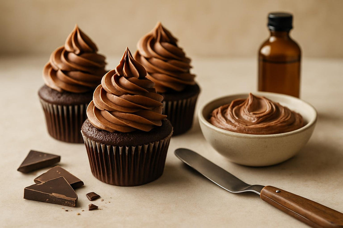 Cupcakes piped with chocolate Swiss meringue buttercream frosting