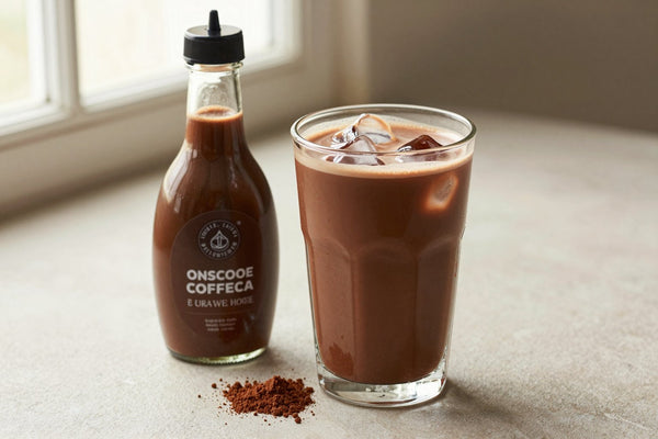A small glass bottle of chocolate syrup with a pour spout, beside an iced latte sweetened with it