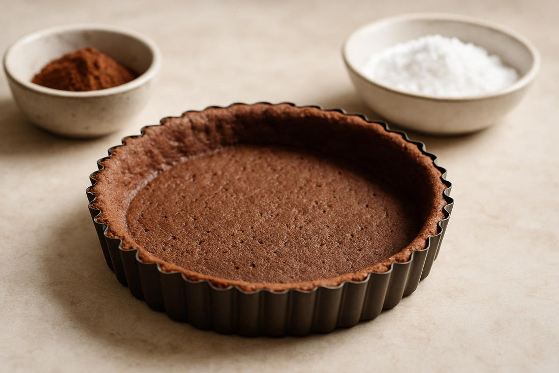 A baked, empty chocolate tart shell in a fluted tart pan on a marble counter, golden and crisp