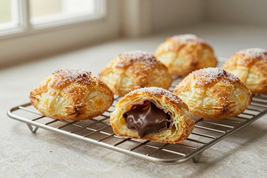 Golden chocolate turnovers on a wire rack, one cut open to show the filling