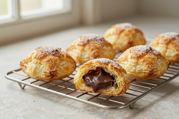 Golden chocolate turnovers on a wire rack, one cut open to show the filling