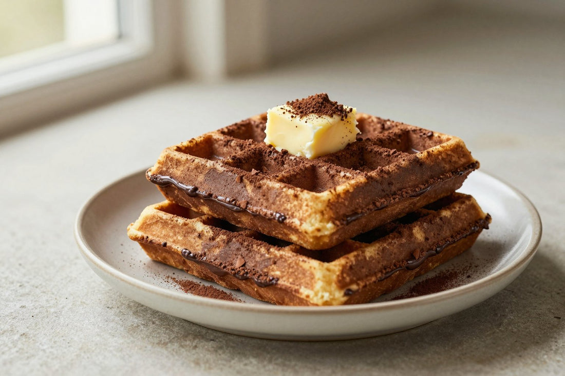 A stack of golden chocolate waffles on a plate with a pat of butter and the toppings from the recipe