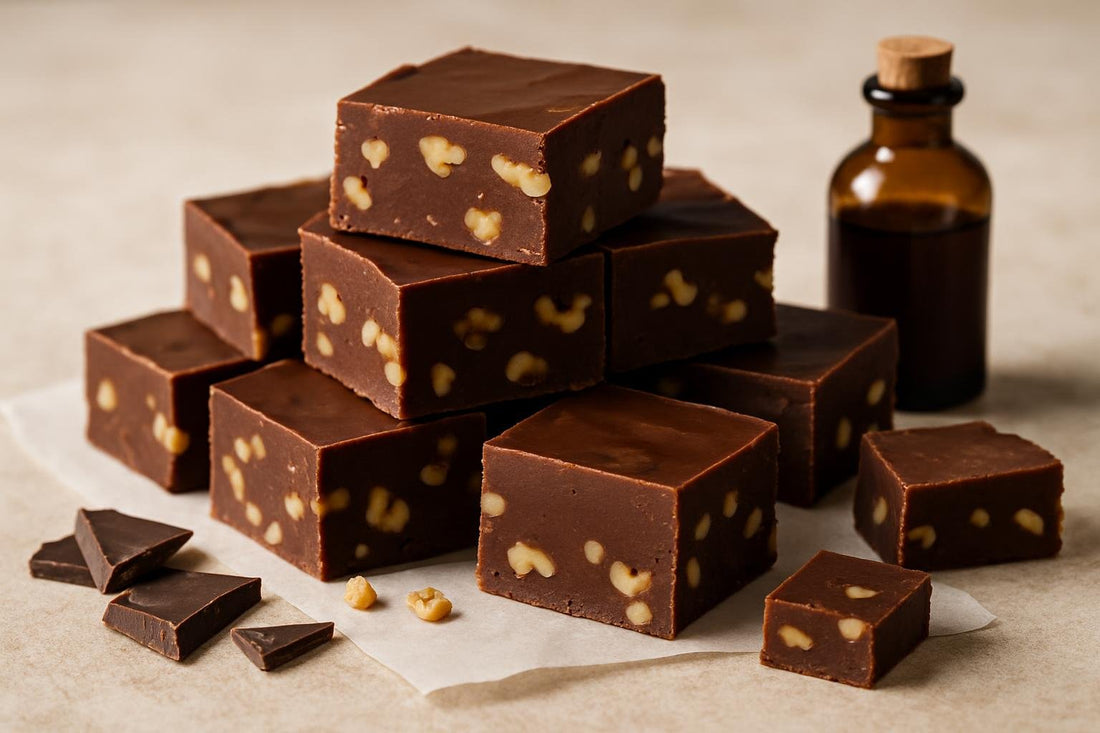 Squares of chocolate walnut fudge on parchment