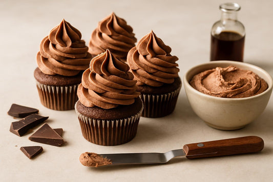 Cupcakes piped with chocolate whipped cream frosting