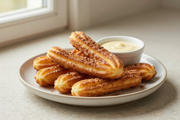 Churro twists piled on a plate, coated in cinnamon sugar, with a small bowl of dipping sauce