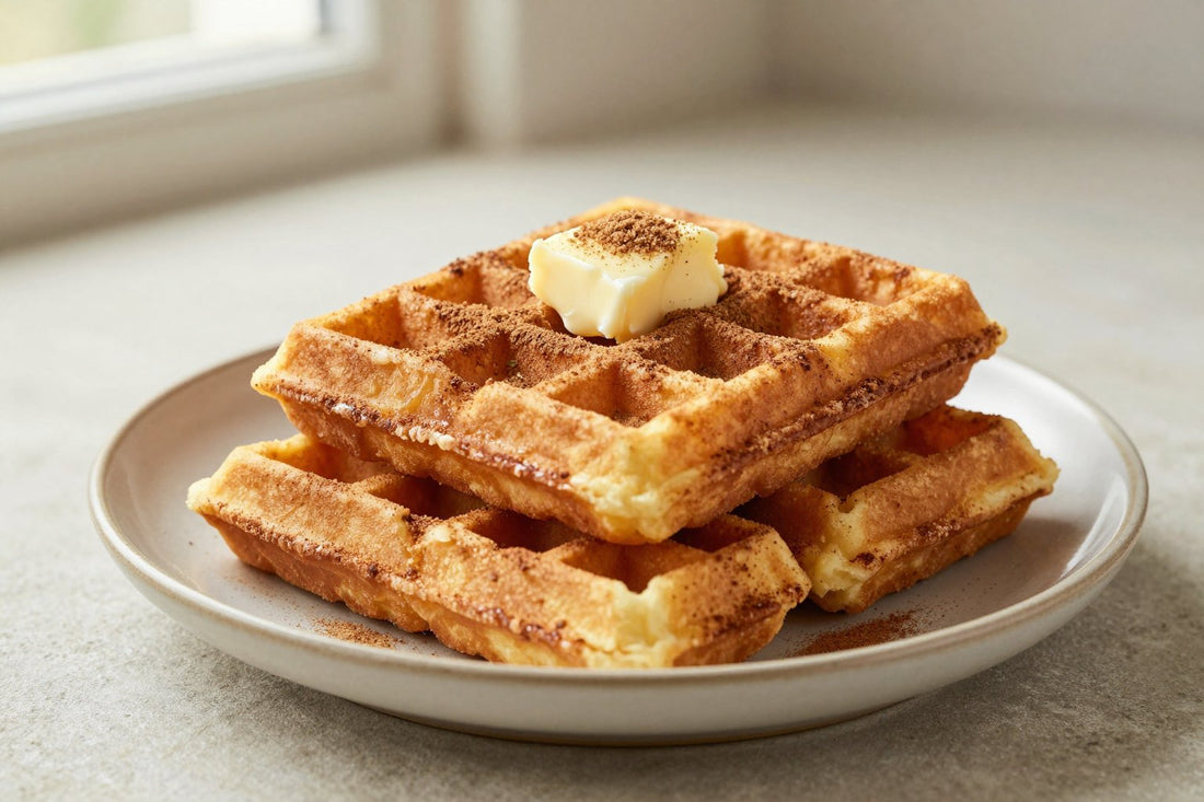 A stack of golden churro waffles on a plate with a pat of butter and the toppings from the recipe