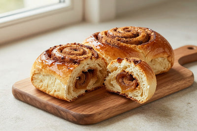 A glossy, deep golden cinnamon brioche on a wooden board, one piece torn open to show the soft, feathery crumb