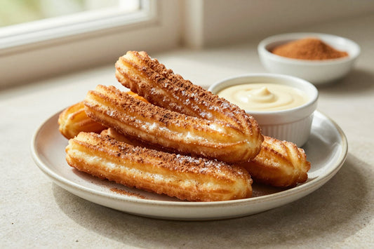 Cinnamon churro donuts piled on a plate, coated in cinnamon sugar, with a small bowl of dipping sauce