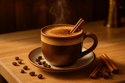 Cinnamon Coffee in a ceramic mug on an oak kitchen island
