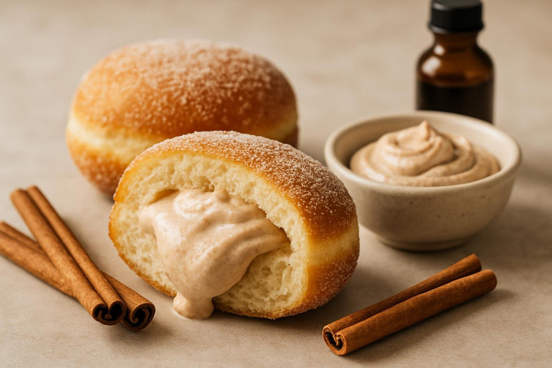 Filled doughnut cut open to show cinnamon cream cheese filling