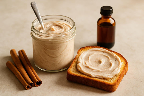 Jar of cinnamon cream cheese spread with toast