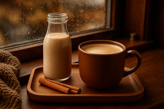 Cinnamon Creamer in a ceramic mug on an oak tray by a window