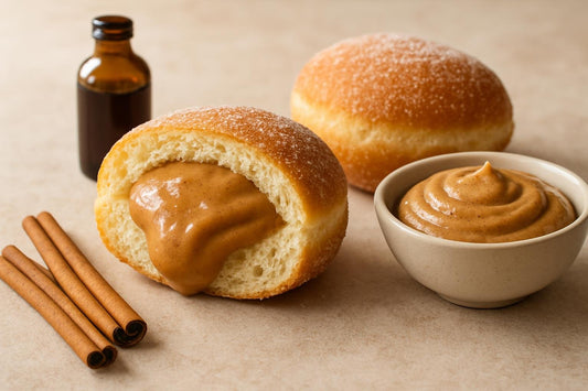 Filled doughnut cut open to show cinnamon custard