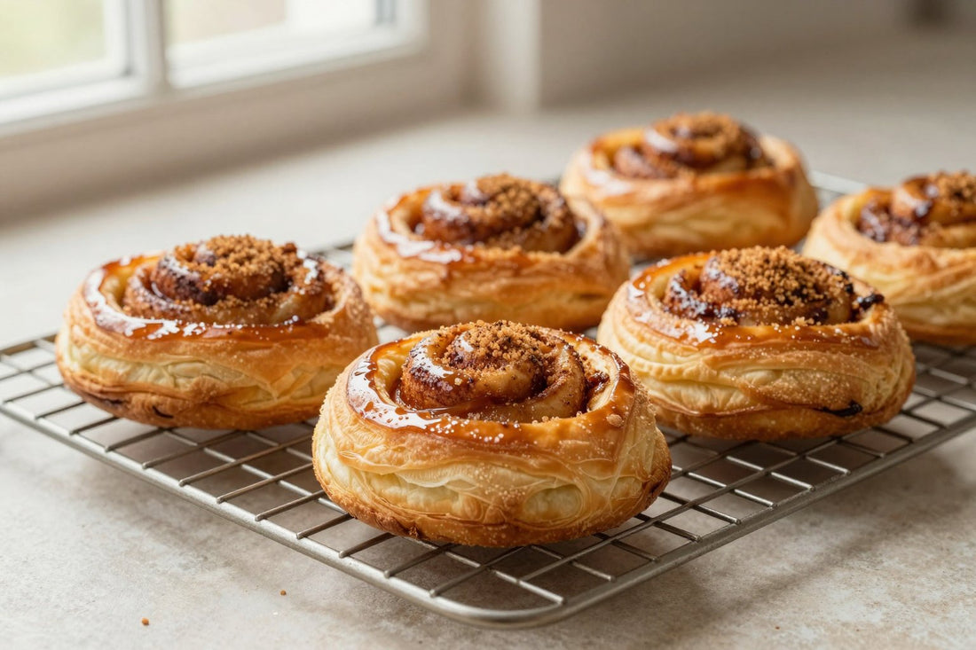Cinnamon danish on a wire rack, the glossy filling visible in the center of each pastry