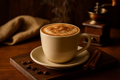 Cinnamon Dolce Latte in a ceramic mug on an oak serving board