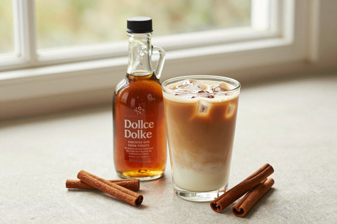 A small glass bottle of cinnamon dolce syrup with a pour spout, beside an iced latte sweetened with it