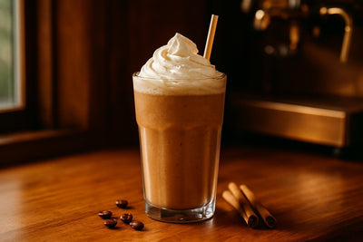 Cinnamon Frappé in a glass on an oak café counter