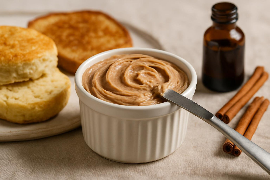 Cinnamon Honey Butter in a crock with warm biscuits