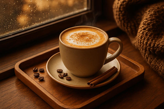 Cinnamon Latte in a ceramic mug on an oak tray by a window