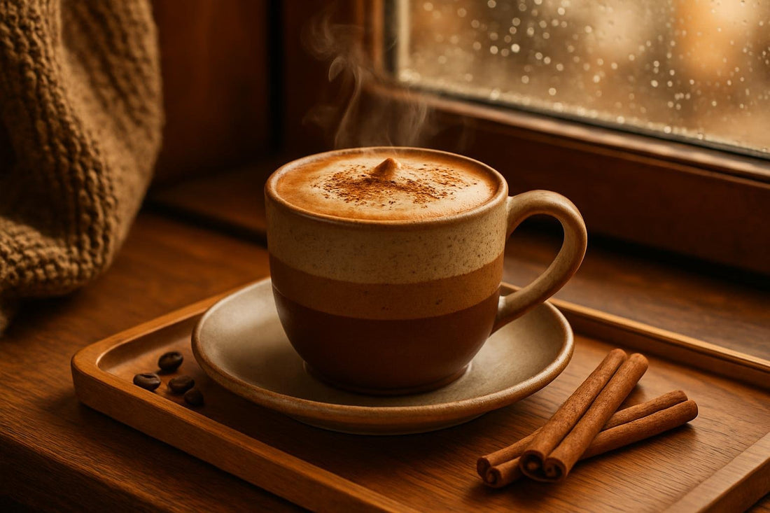 Cinnamon Mocha in a ceramic mug on an oak tray by a window