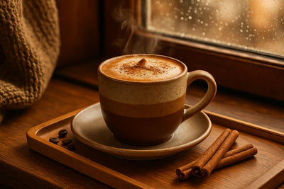 Cinnamon Mocha in a ceramic mug on an oak tray by a window