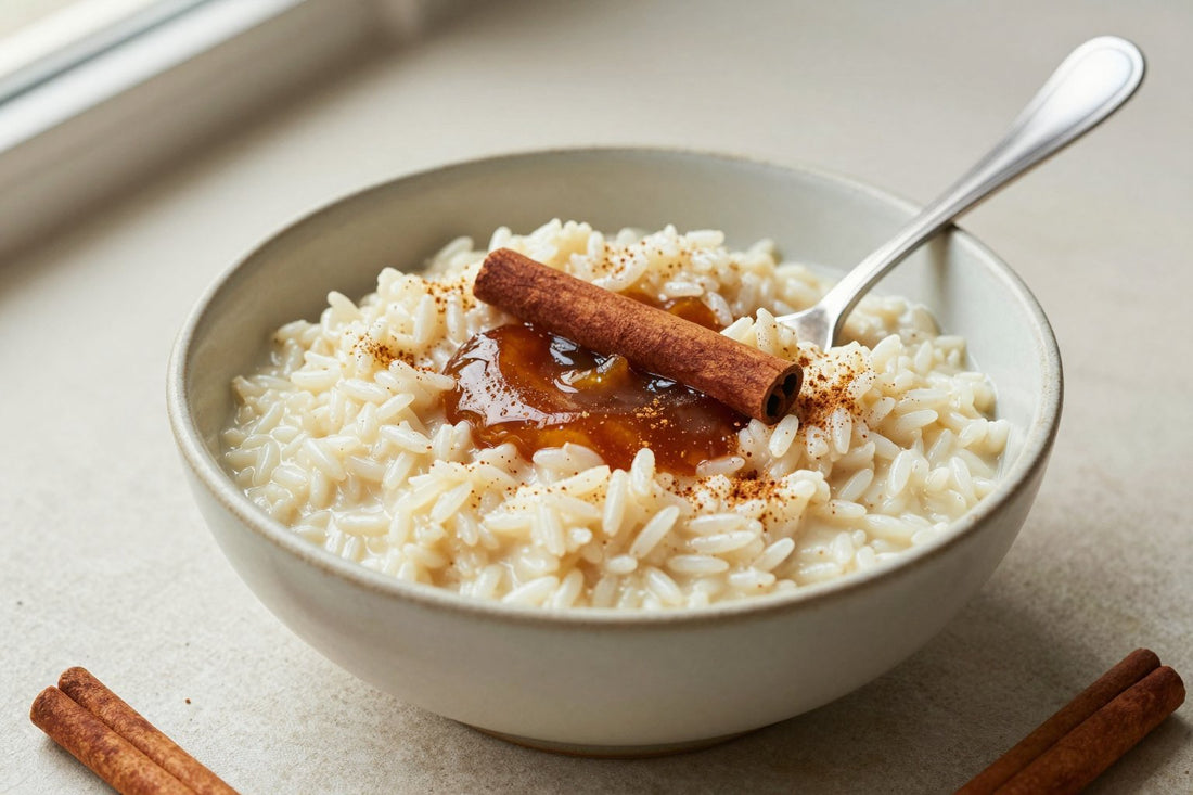 Creamy cinnamon rice pudding in a small ceramic bowl with a spoon, garnished as in the recipe