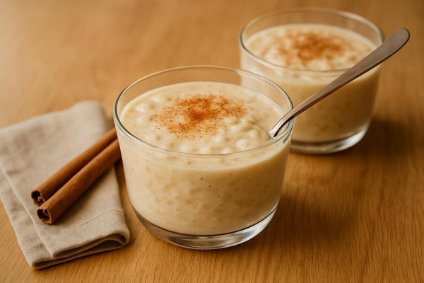 Cinnamon Rice Pudding served on an oak table
