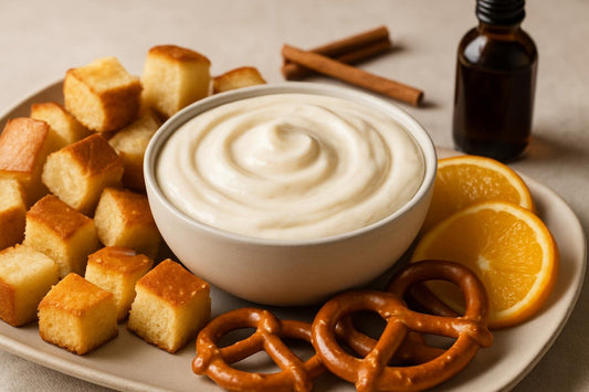 Bowl of cinnamon roll icing dip with brioche, pretzels and fruit