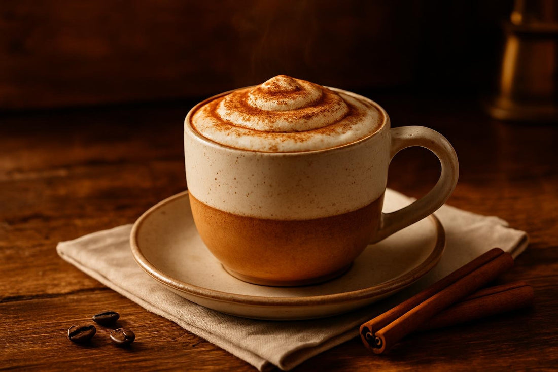 Cinnamon Roll Latte in a ceramic mug on an oak table