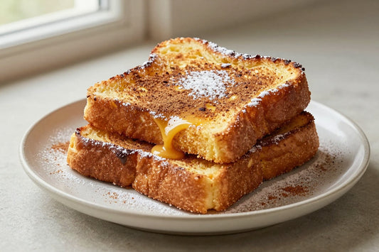 A stack of thick golden slices of cinnamon sugar french toast on a plate, dusted with powdered sugar