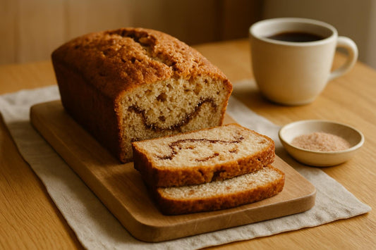 Cinnamon Swirl Bread loaf with sliced pieces on an oak board