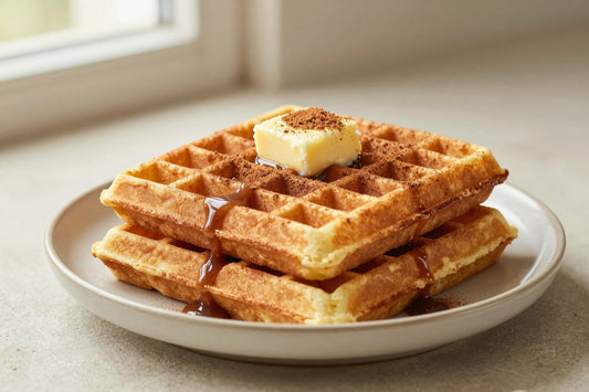 A stack of golden cinnamon waffles on a plate with a pat of butter and the toppings from the recipe