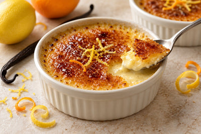 Citrus Vanilla Crème Brûlée in a ramekin with a caramelized sugar crust