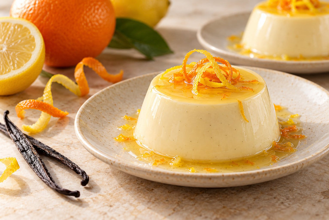 Citrus Vanilla Panna Cotta, unmolded on a plate with vanilla beans