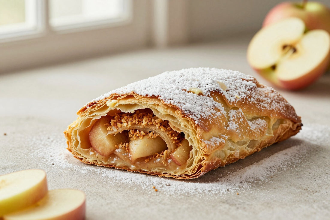 A sliced classic apple strudel dusted with powdered sugar, showing the swirl of filling and flaky layers