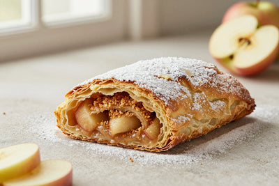 A sliced classic apple strudel dusted with powdered sugar, showing the swirl of filling and flaky layers
