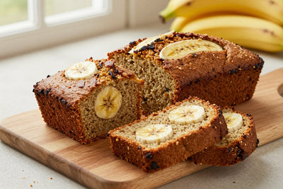 A loaf of classic banana bread on a wooden board, two thick slices cut to show the moist crumb