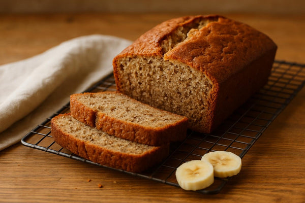 Classic Banana Bread loaf with sliced pieces on an oak board