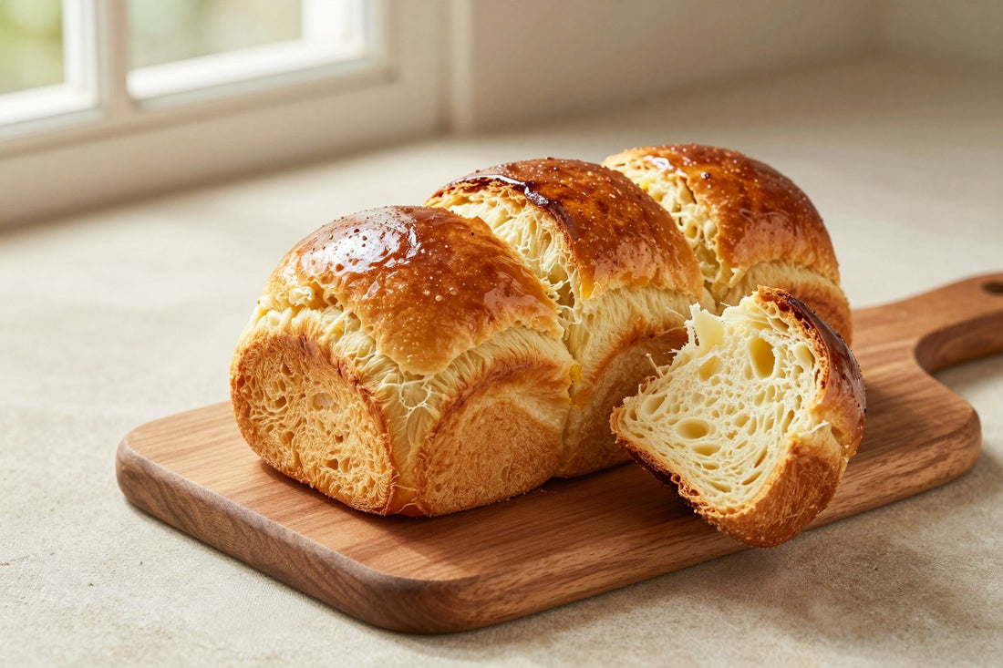 A glossy, deep golden classic brioche loaf on a wooden board, one piece torn open to show the soft, feathery crumb