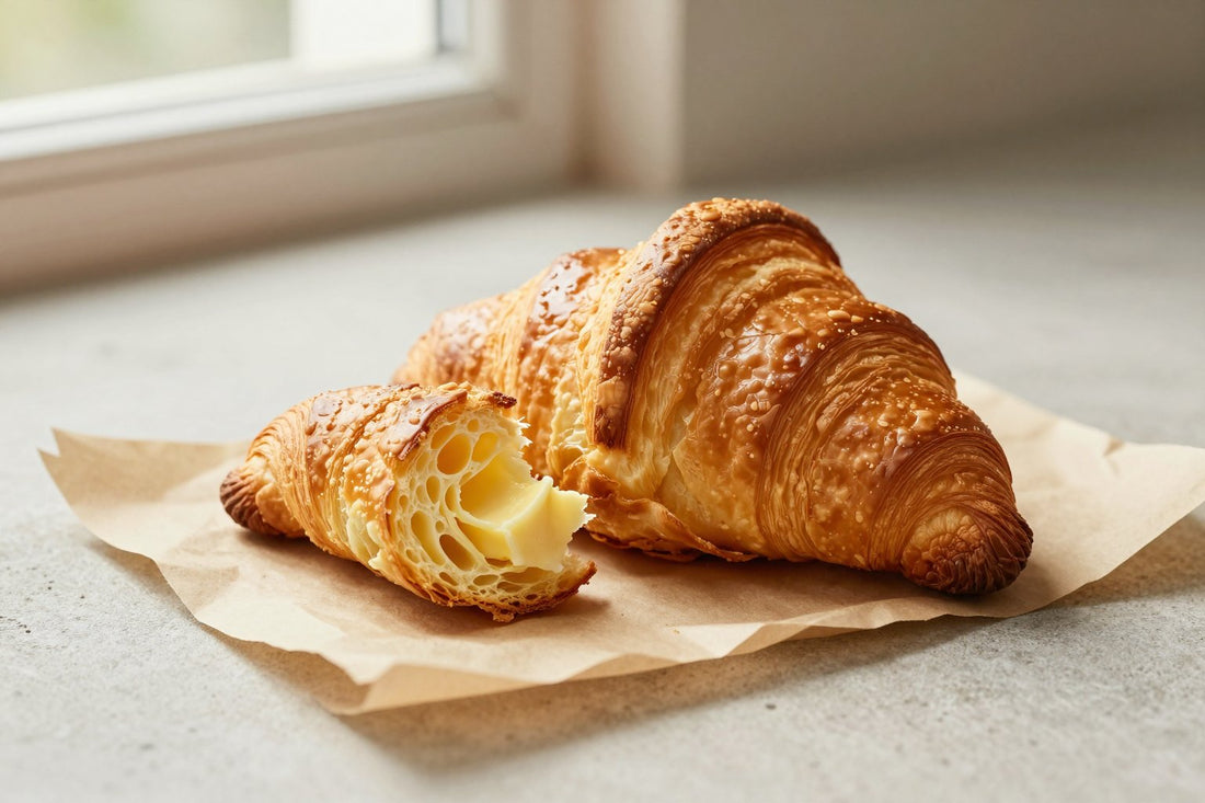 Golden, flaky classic butter croissants on parchment, one torn open to show the honeycomb layers