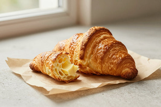 Golden, flaky classic butter croissants on parchment, one torn open to show the honeycomb layers