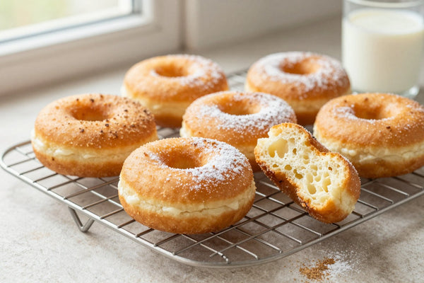 Fresh classic cake doughnuts on a wire cooling rack, one broken open to show the tender inside